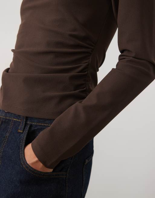 New Look ruche detail grown on neck top in dark brown, 3 of 4