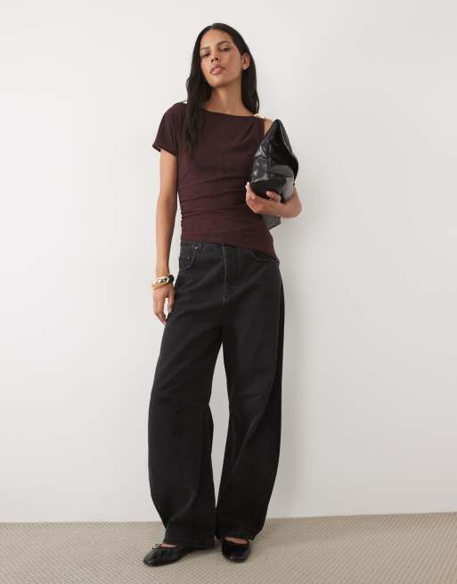 New Look ruche metal trim detail top in burgundy, 2 of 4