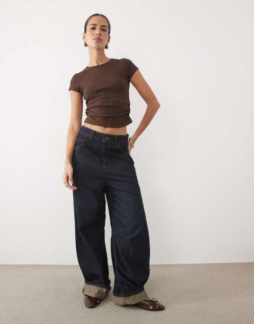 New Look ruche side baby tee in dark brown, 3 of 4
