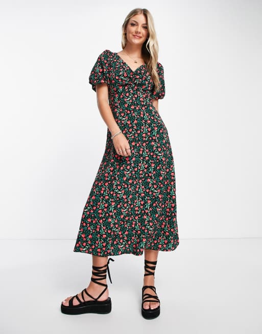 New Look ruched bust puff sleeve midi dress in black strawberry print ...