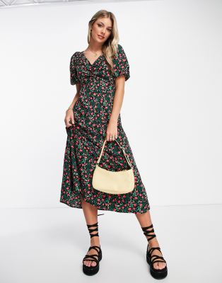 strawberry midi dress black Farm Rio Lady Strawberry Midi Dress In Leopard Hearts Black