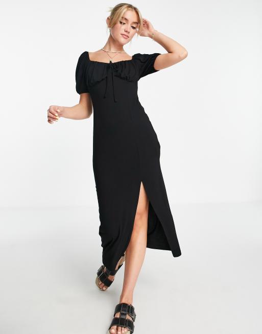 Plus Black Puff Sleeve Ruched Split Midi Dress