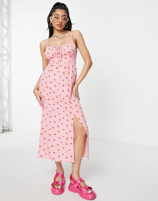 New Look ruched bust sun dress in pink strawberry print