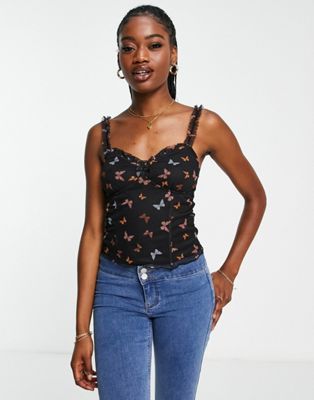 New Look ruched cami top in black butterfly print - ASOS Price Checker