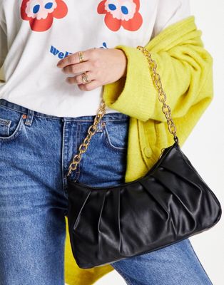New Look ruched chunky chain shoulder bag in black