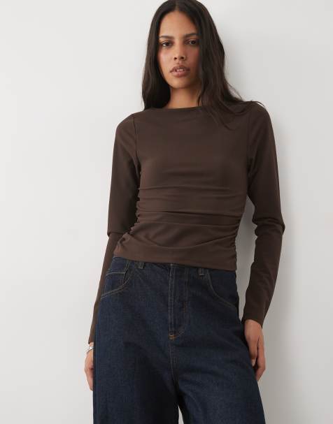 New Look ruched-detail grown-on neck top in dark brown - view 1