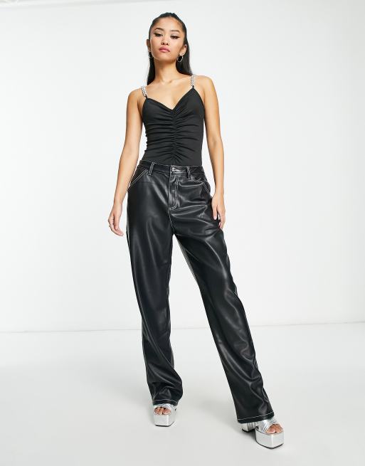 Ruched Bustier Chain Shoulder Strap Satin Bodysuit