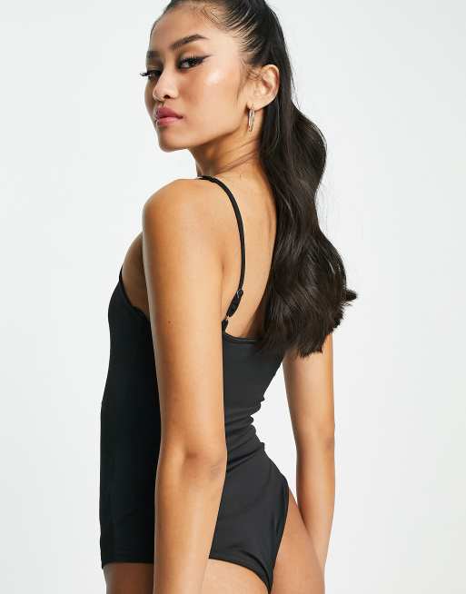 New Look ruched front bodysuit with chain straps in black