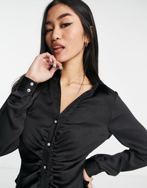 New Look ruched front button through top in black | ASOS