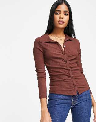 New Look Ruched Front Button Through Top In Brown | ModeSens