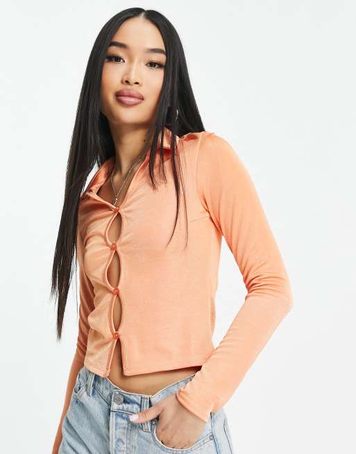 New Look ruched front button through top in orange