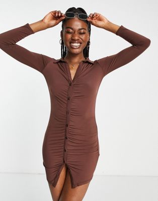 New Look Ruched Front Collared Dress In Chocolate-brown