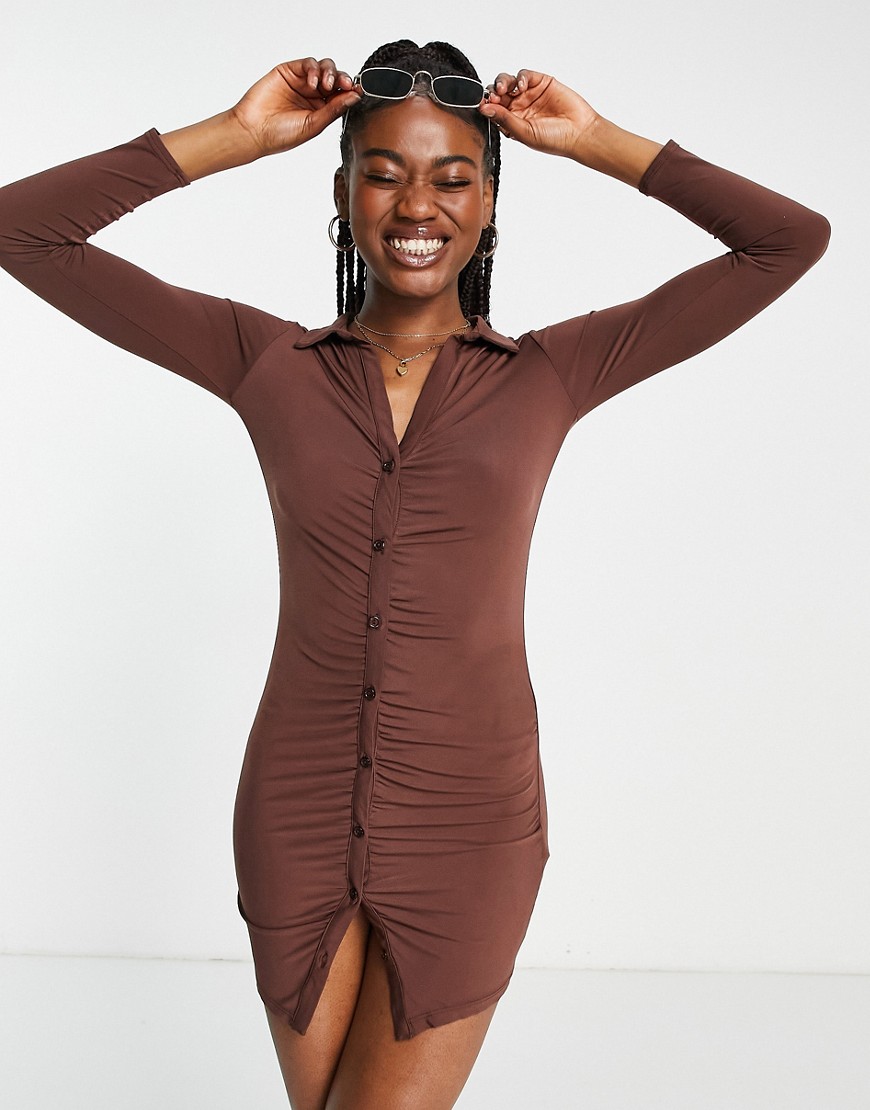 New Look Ruched Front Collared Dress In Chocolate-brown