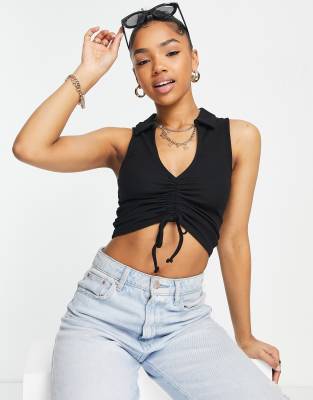 New Look ruched-front collared singlet in black