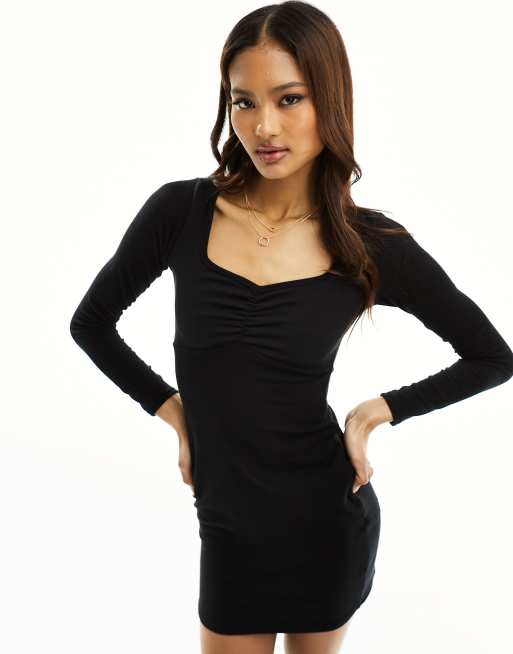 New Look ruched front long sleeve mini dress in black | ASOS