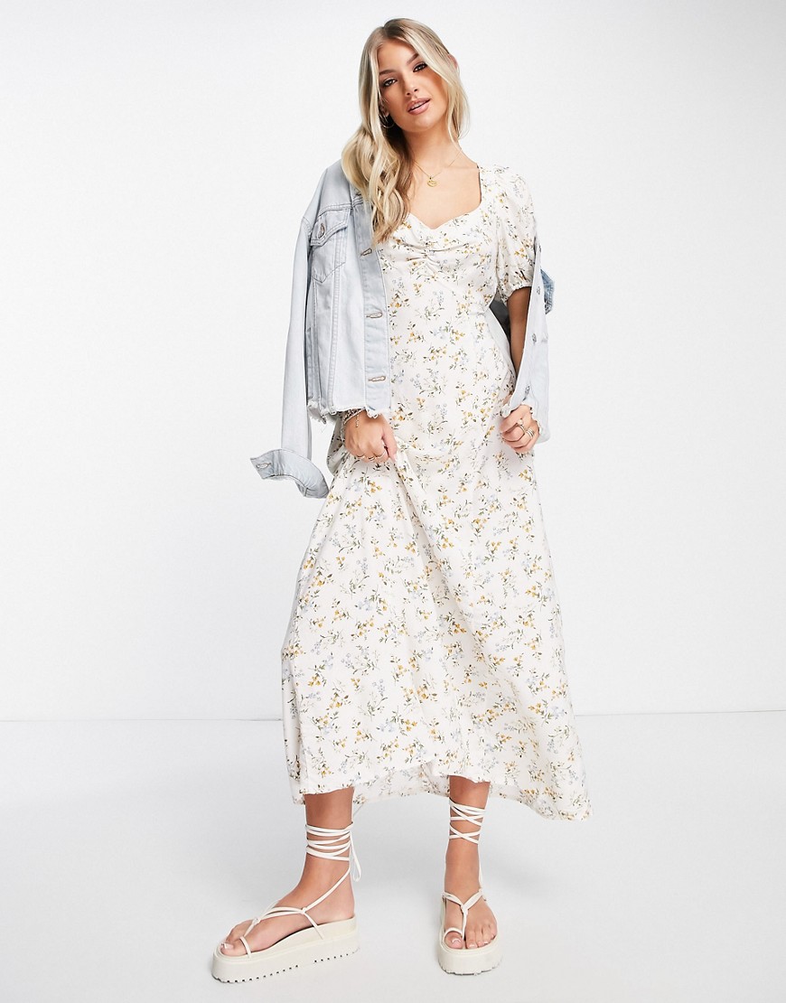 New Look Ruched Front Midi Dress In White Ditsy Floral