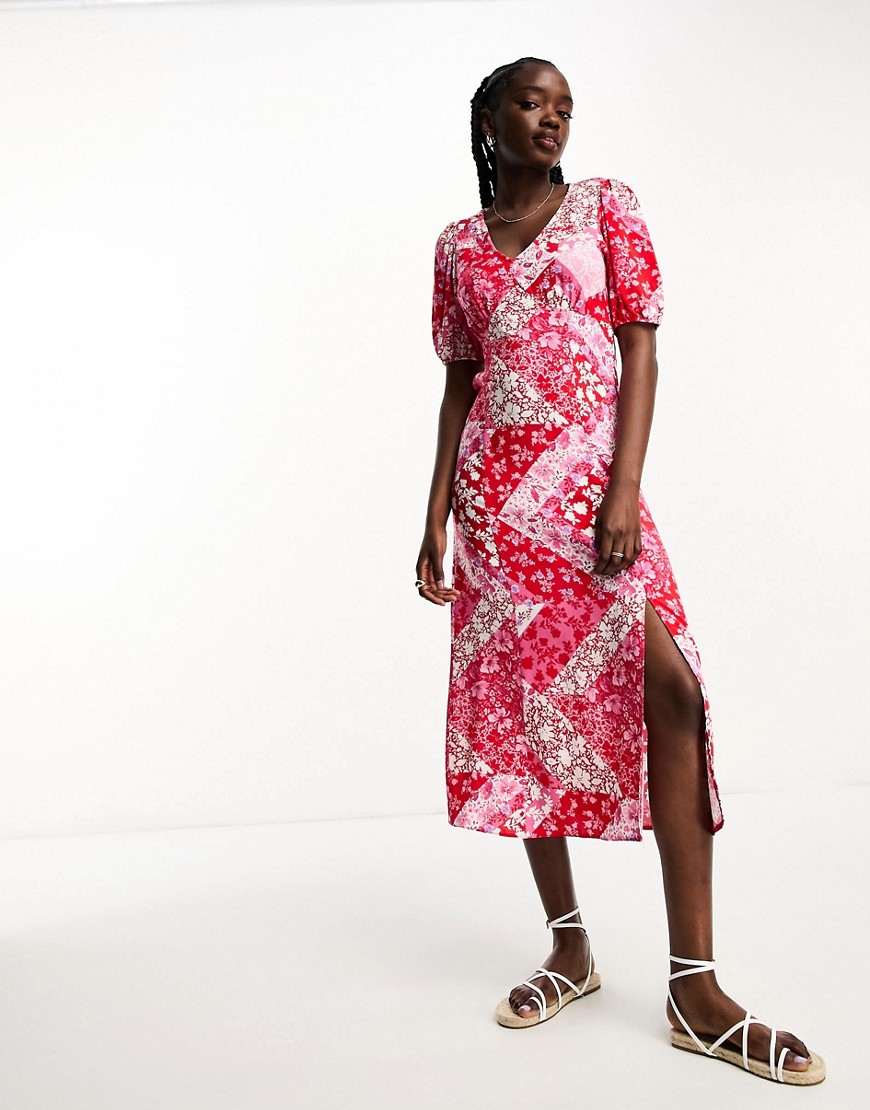 New Look ruched front patchwork print midi dress in red and pink