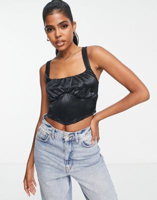New Look ruched front satin corset crop top in black