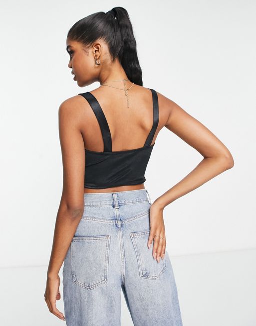 ASOS DESIGN shirred crop top with broderie straps in pink