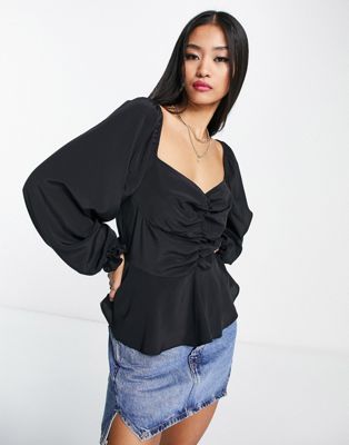 New Look ruched front shirred blouse in black - ASOS Price Checker