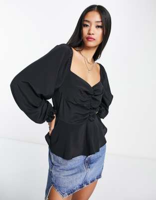 New Look ruched front shirred blouse in black - ASOS Price Checker