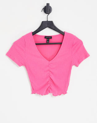 New Look ruched front t-shirt in bright pink