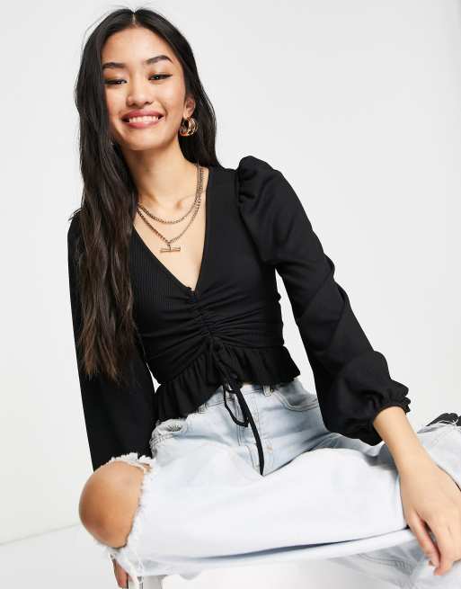 New Look ruched front tie detail top in black | ASOS