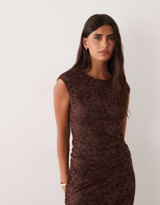 New Look ruched lace midi dress in dark brown, 2 of 4