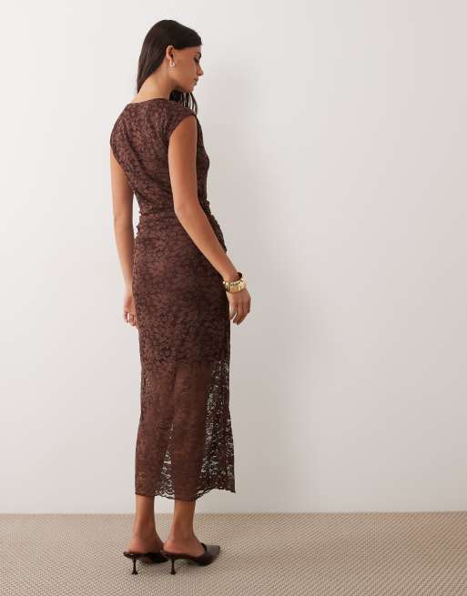 New Look ruched lace midi dress in dark brown, 3 of 4