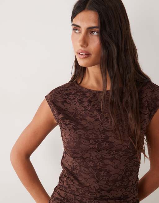 New Look ruched lace midi dress in dark brown, 4 of 4