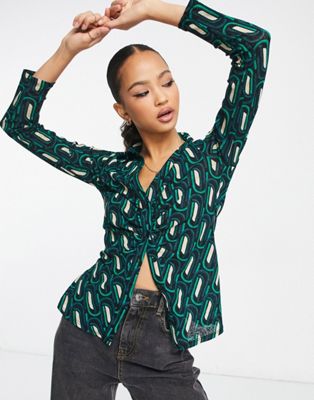 New Look ruched sheer shirt in geo print
