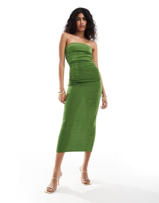  New Look ruched side bandeau midi dress in green