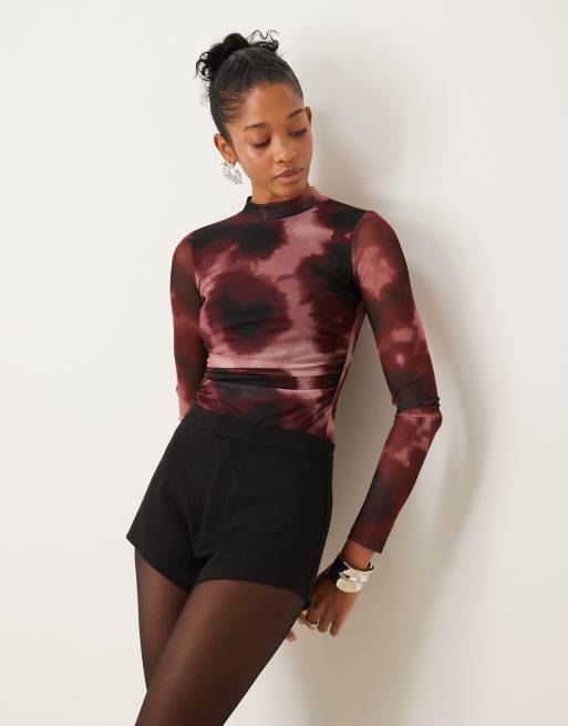 New Look ruched side mesh bodysuit in red pattern, 2 of 4