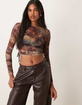 New Look Ruched Side Mesh Top In Brown Pattern