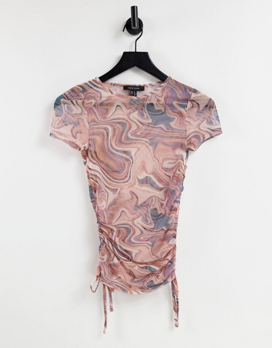 New Look ruched side T-shirt in brown marble