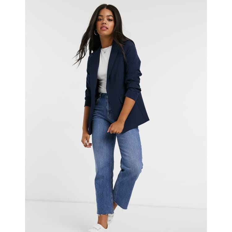 Navy ruched shop sleeve blazer