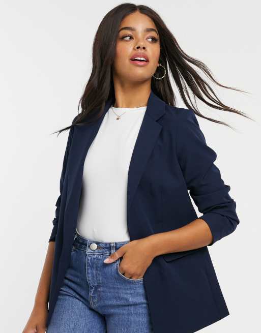 Navy ruched 2025 sleeve blazer