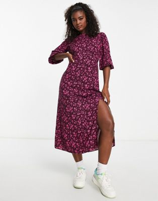 New Look ruched sleeve midi dress with split front in pink ditsy floral - ASOS Price Checker