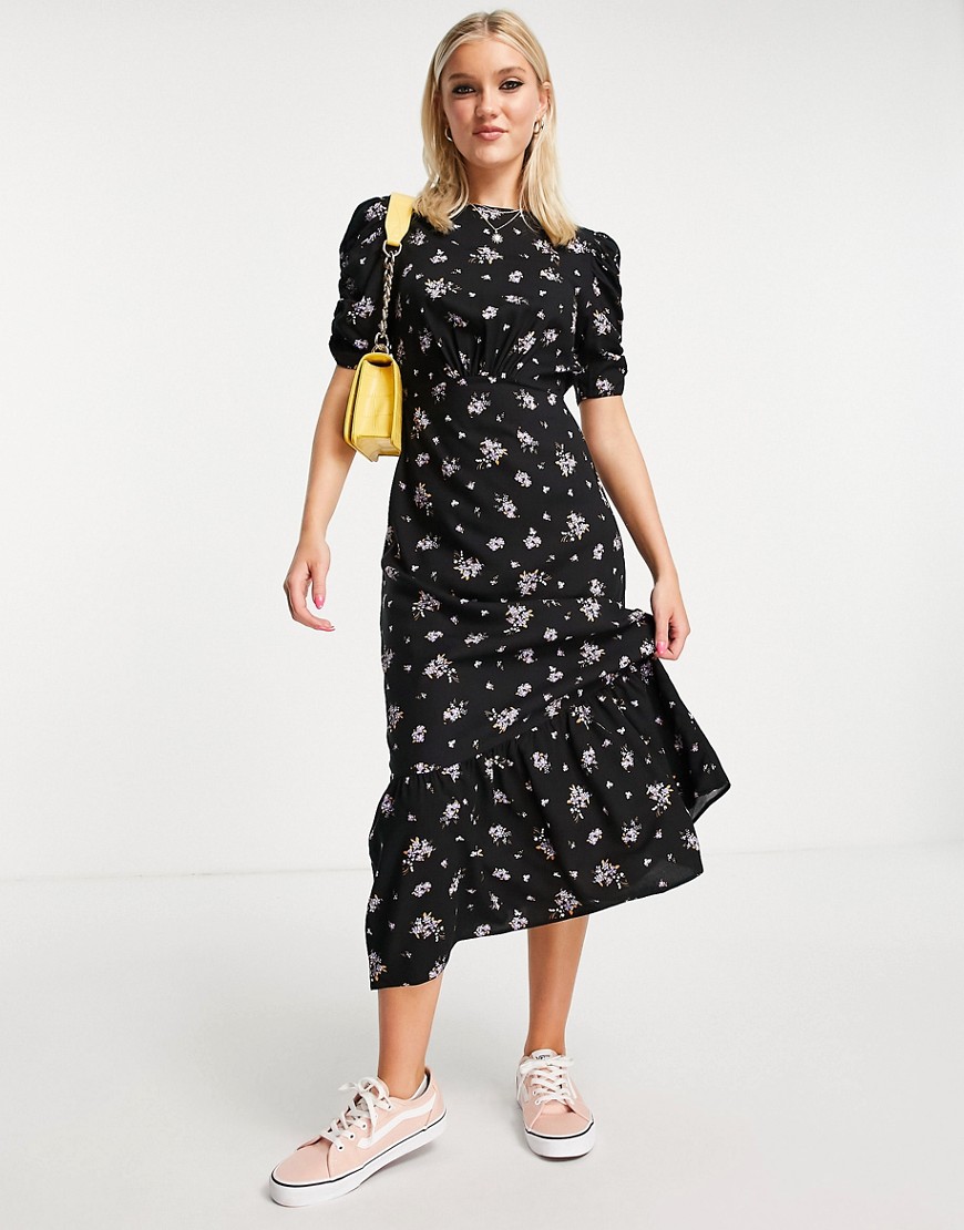 New Look ruched sleeve tiered midi dress in black & lilac ditsy floral