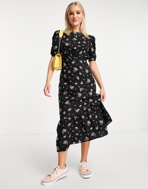 New Look ruched sleeve tiered midi dress in black lilac ditsy floral