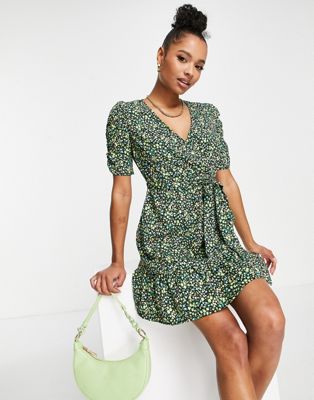 New Look ruched sleeve wrap mini dress in green floral - ASOS Price Checker