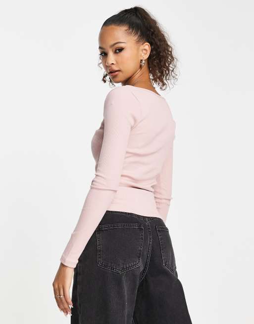 New Look ruched sweetheart neck long sleeve top in pink, 2 of 4