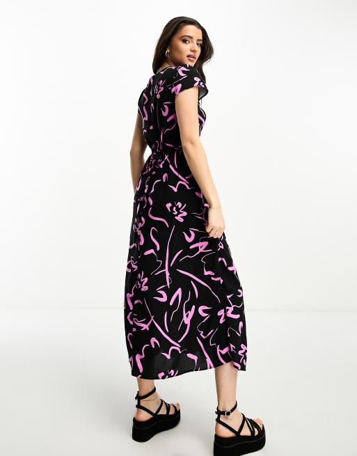 New Look ruched tie waist midi dress in black and pink swirl print