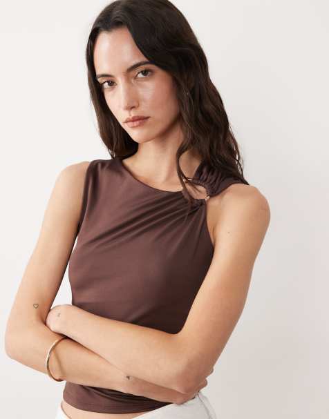 New Look ruched trim detail top in chocolate brown - view 1