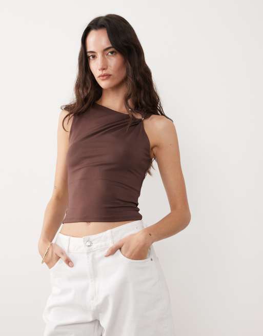 New Look ruched trim detail top in chocolate brown, 4 of 4