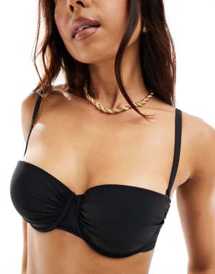 New Look ruched underwire balconette bikini top in black