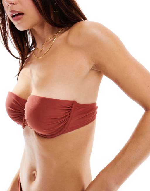 New Look ruched underwire balconette bikini top in rust, 4 of 4