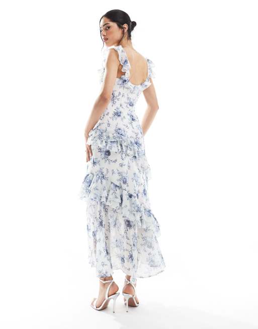 New Look ruffle asymmetric midi dress in blue floral, 2 of 4