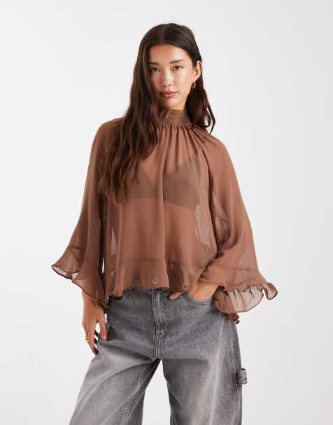 New Look ruffle chiffon blouse in brown - view 1