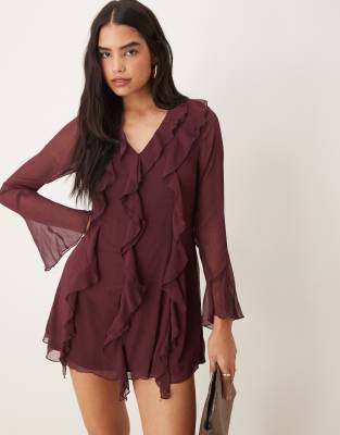 New Look New Look ruffle chiffon long sleeve mini dress in burgundy-Red